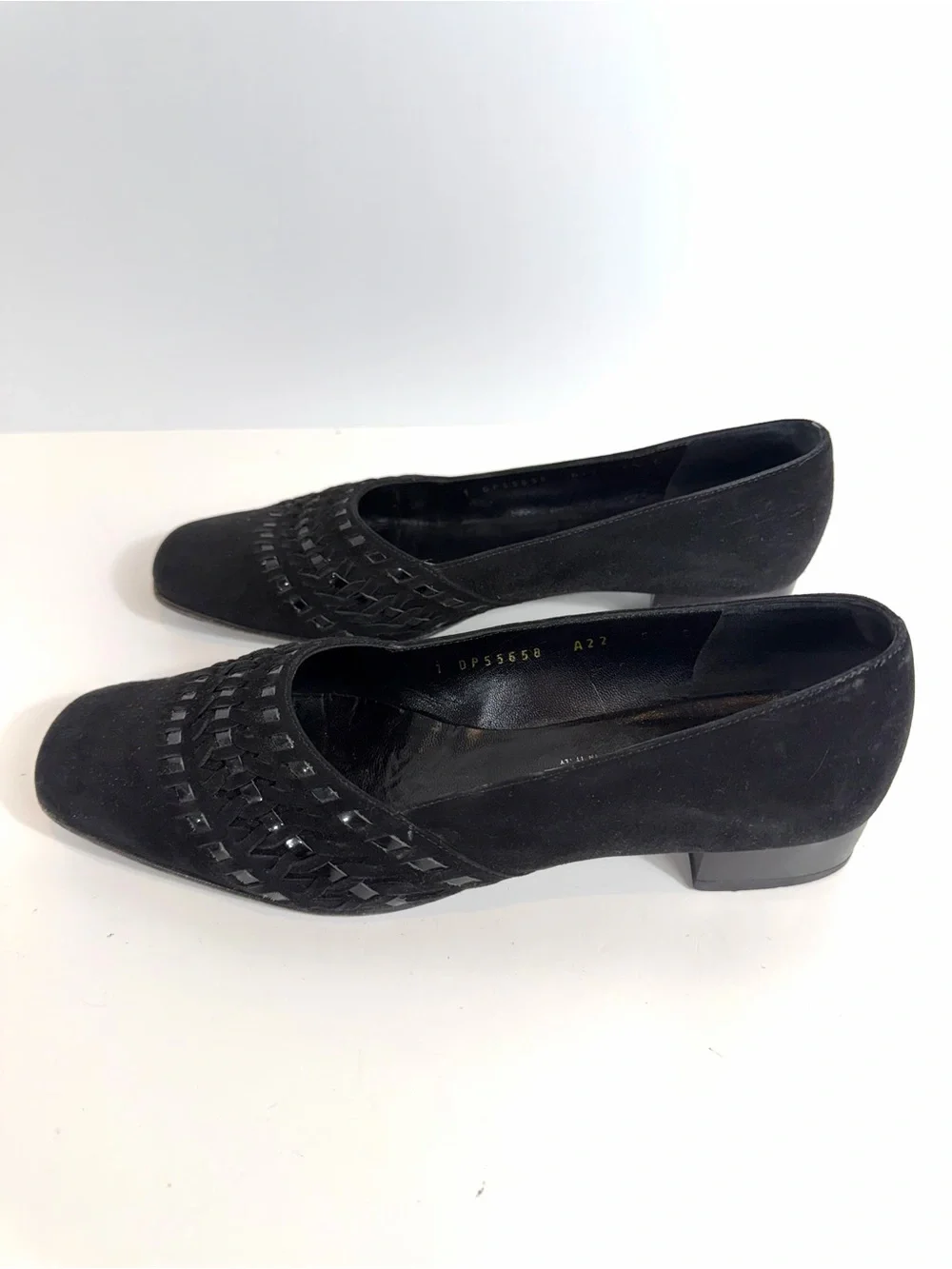 Salvatore Ferragamo Vintage Black Suede Woven Detail Block Heel Pumps 6.5 C